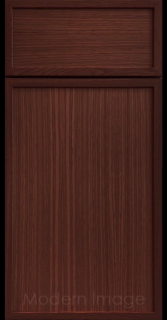 Close-up of a Cherry Stain Arcadia shaker-style cabinet door, featuring slim stile & rail surrounding a flat center panel